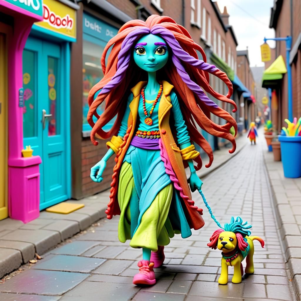 Play-Doh Woman Walks Dog: Unusual Materials Art