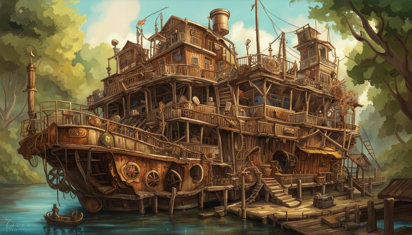 Whimsical Steampunk Pirate Steamboat Concept Art