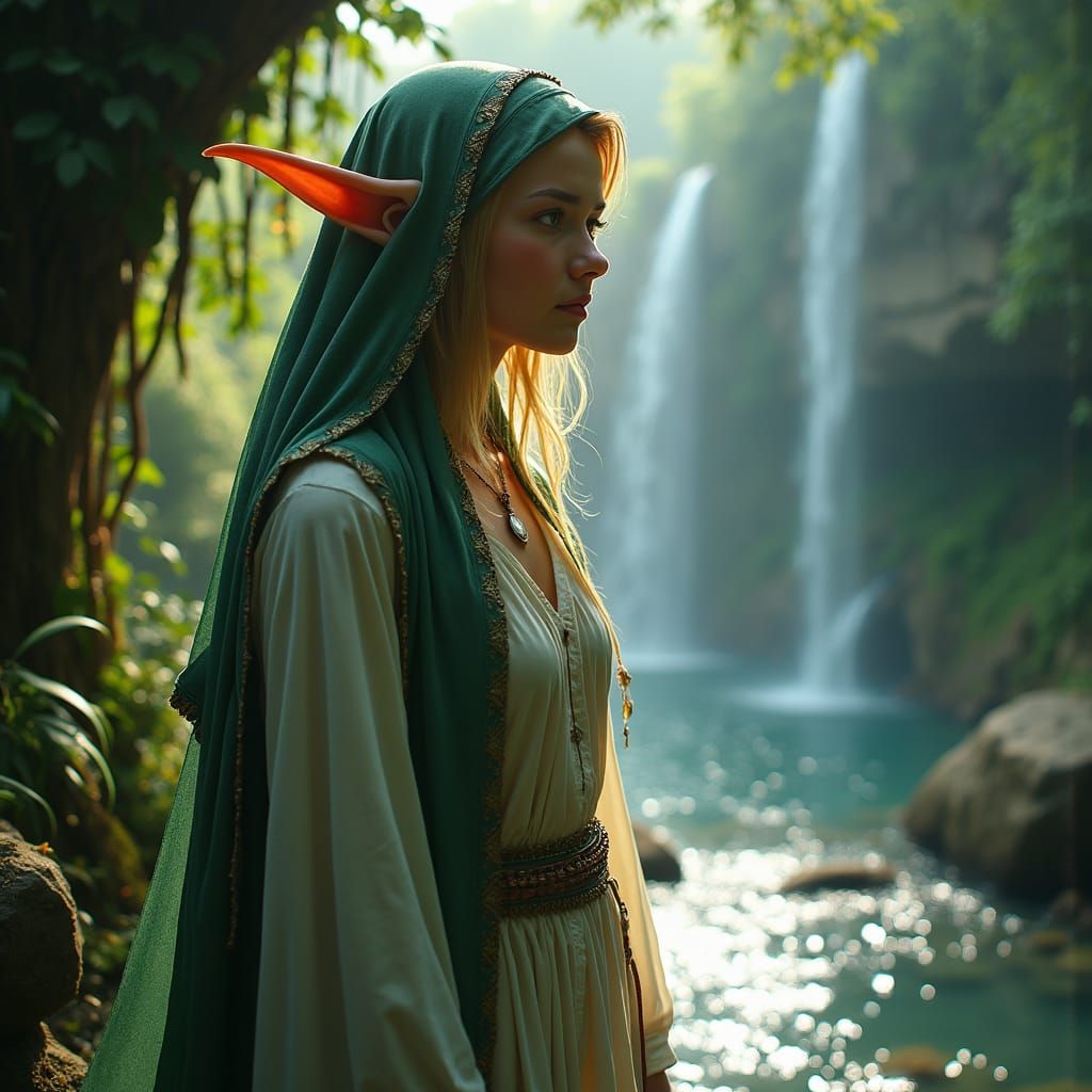 Enchanting Elf by Waterfall in Dark Fantasy Style