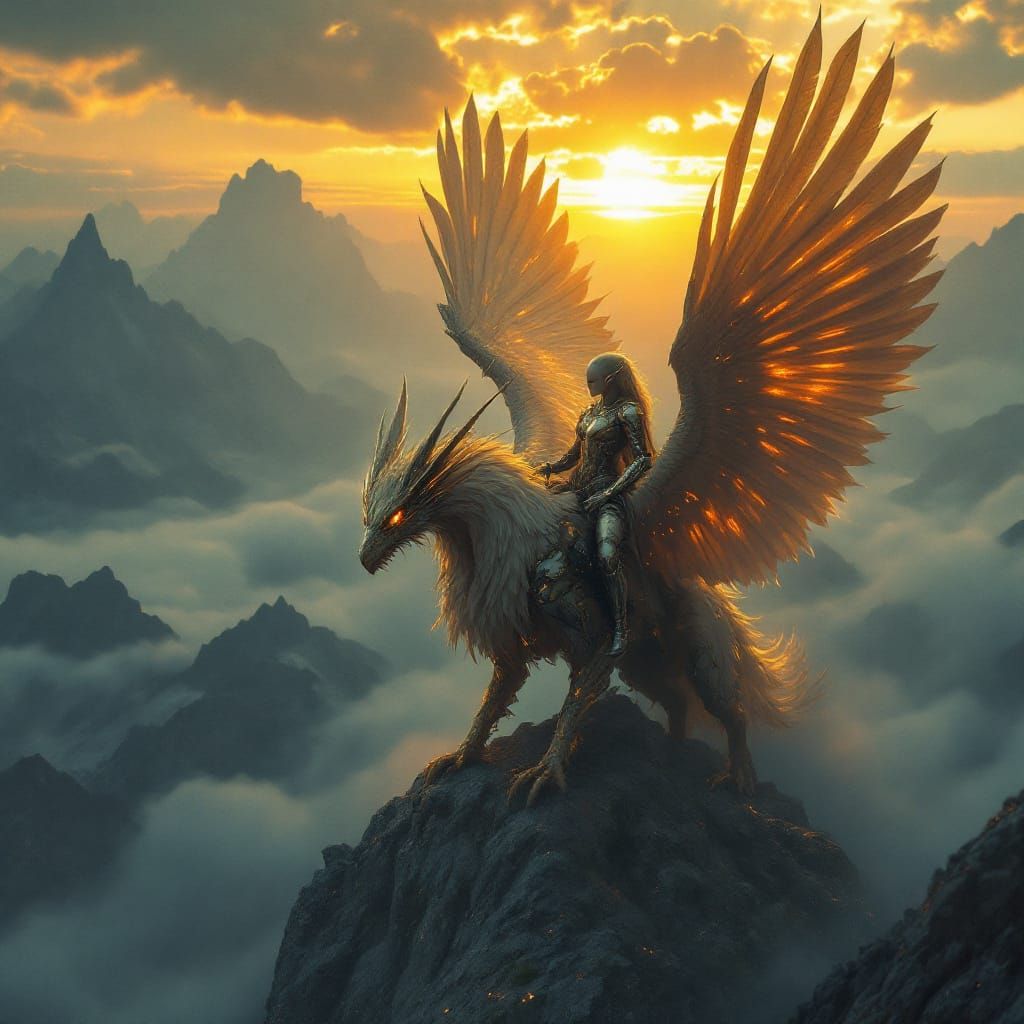 Cyborg Elf Rider on Griffin at Fiery Sunset