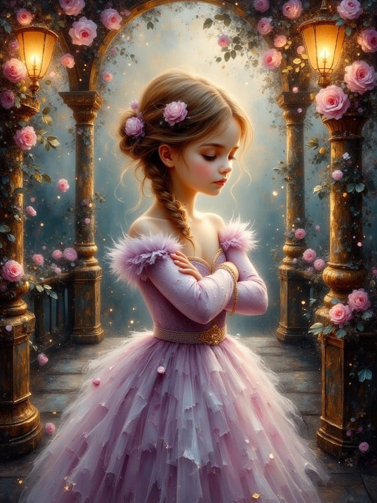 Baroque Toddler in Gown in Rose Gazebo