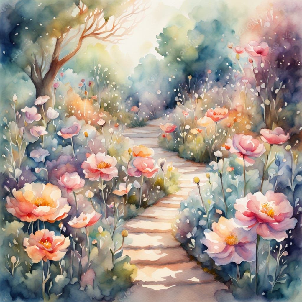 Whimsical Garden with Oversized Flowers in Watercolor Style