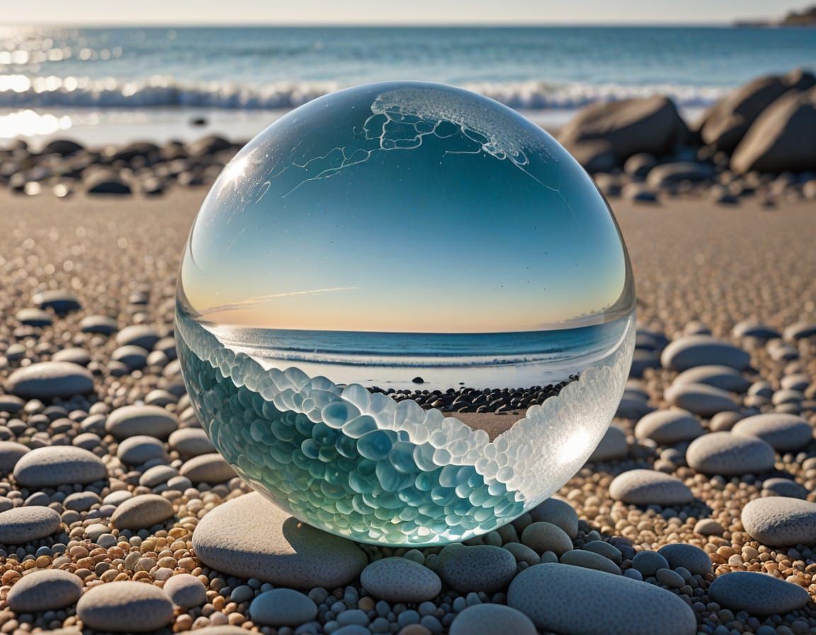 Frosted Glass Sphere on Pebble Beach in Morning Light
