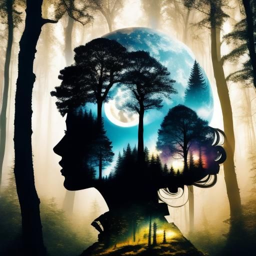 Silhouette Art: Girl, Moon, Forest Double Exposure
