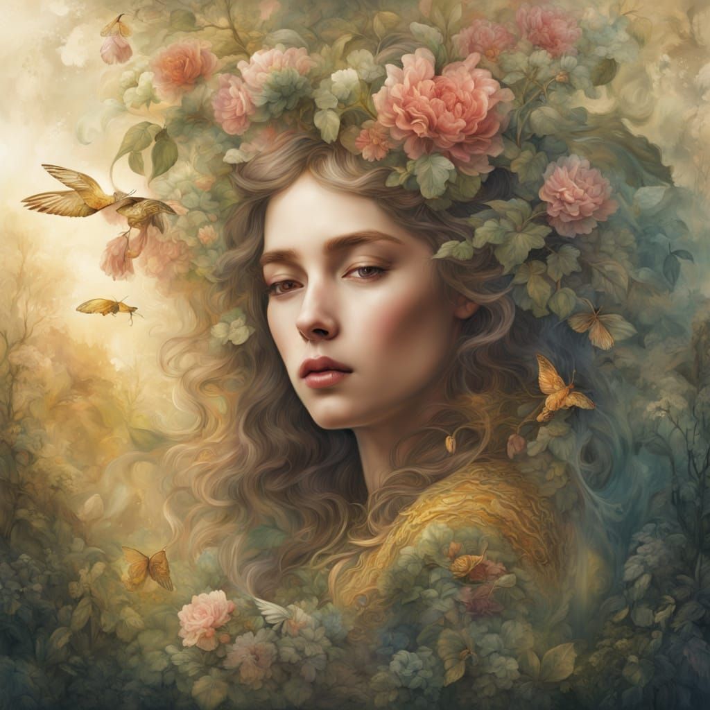Ethereal Fantasy Portrait in Whimsical Watercolor Style