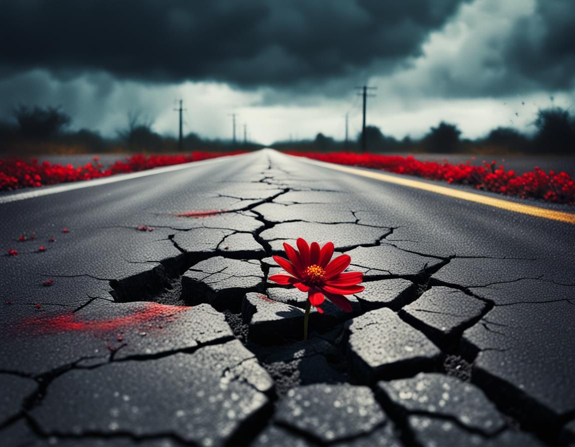 Red Flower Grows in Cracked Asphalt: Digital Painting