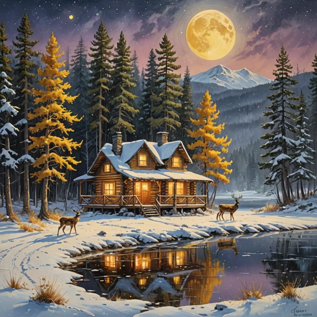 Winter Cabin Scene as Oil Painting