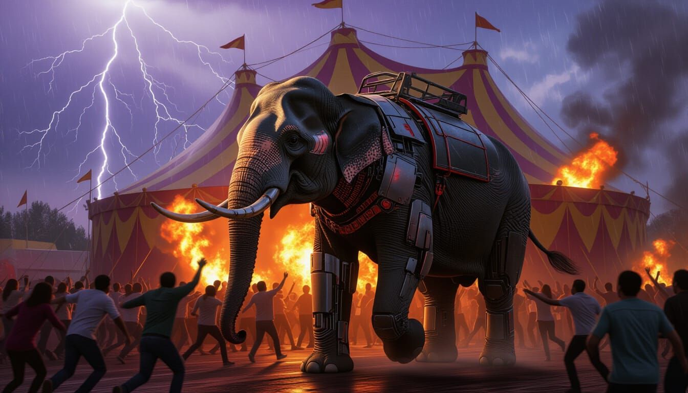Cyborg Elephant Rampage in Burning Circus
