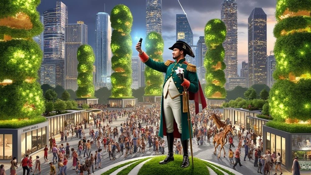 Vibrant Futuristic City with Napoleon, Melancholic Giraffe,...