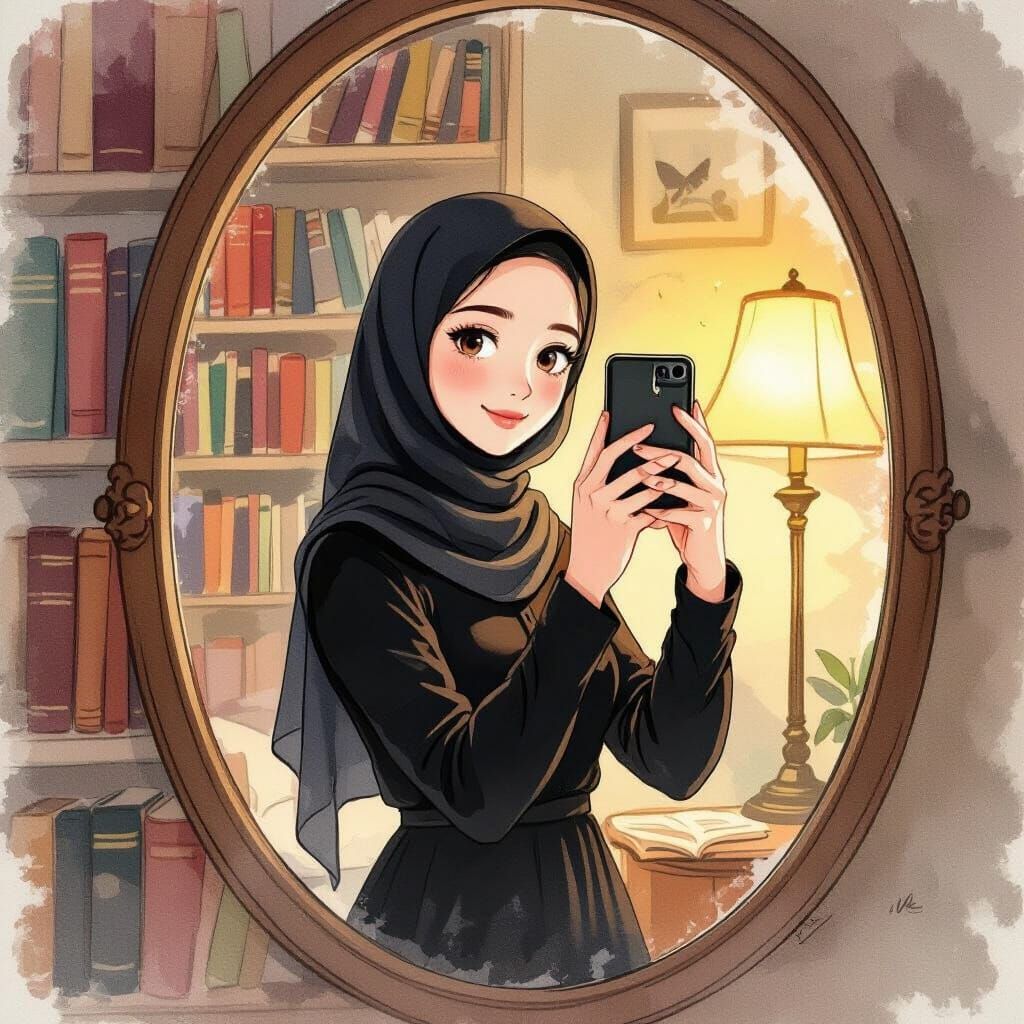 Studio Ghibli Style Selfie in a Vintage Mirror