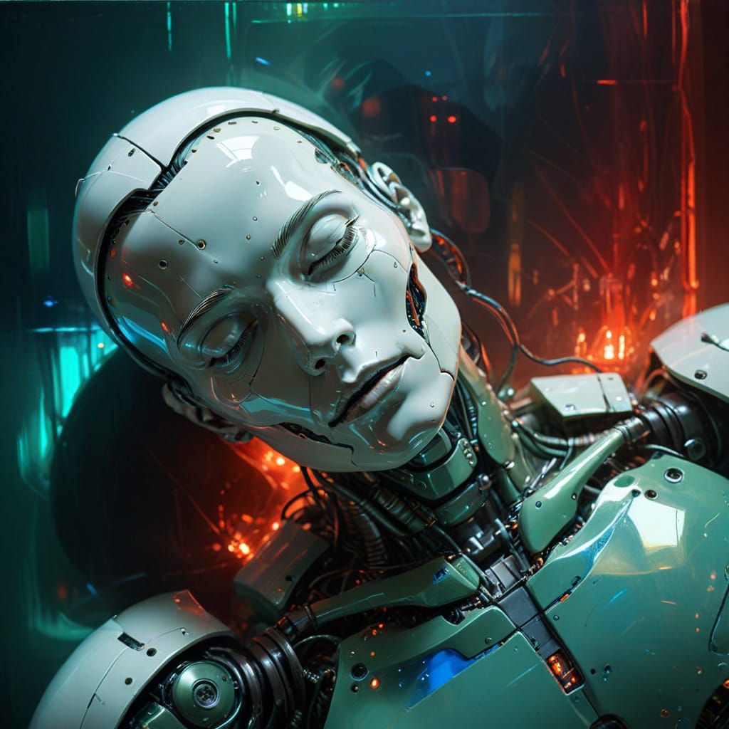 Robot Figure Sleeping with Transparent Head Screen in Oil Pa...