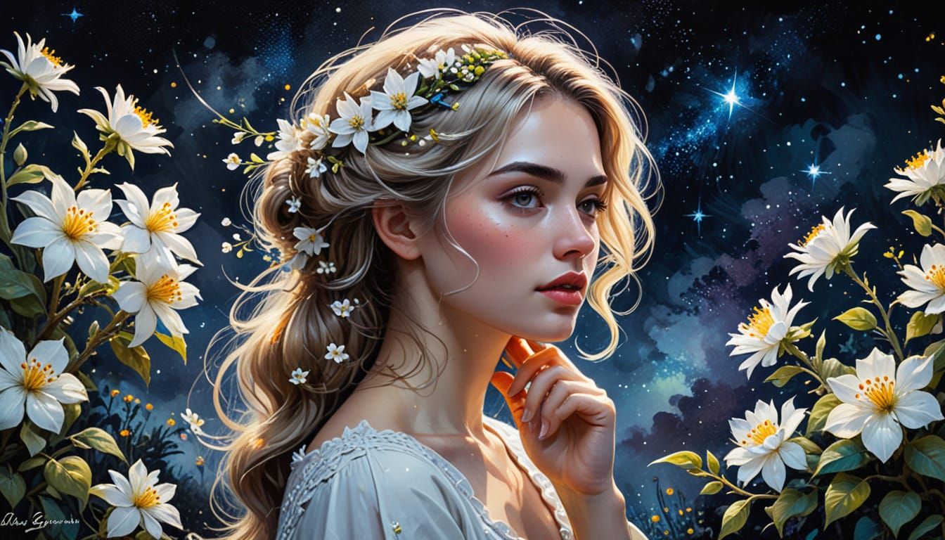 Mysterious Florist with Silver Hair in Spring Night