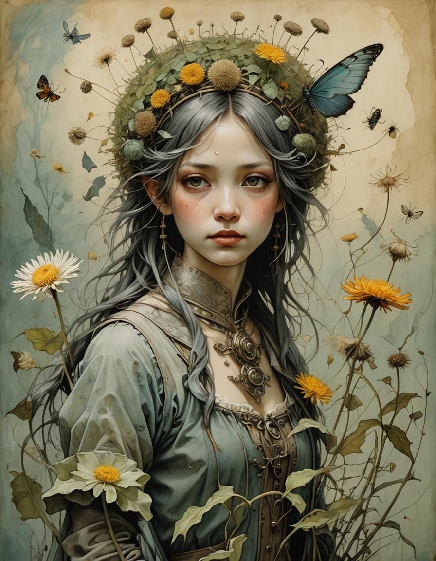 Ethereal Woman in Shadow Kingdom: Mixed Media Art