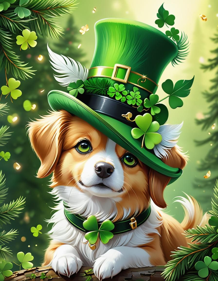 Cute Dog with Shamrock Hat in Dreamy Pastel Colors