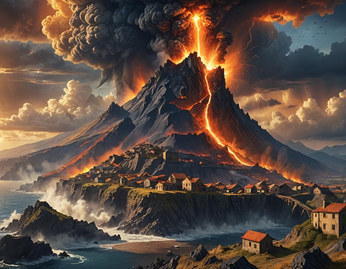 Volcanic Eruption over Abandoned Village: Fantasy Art