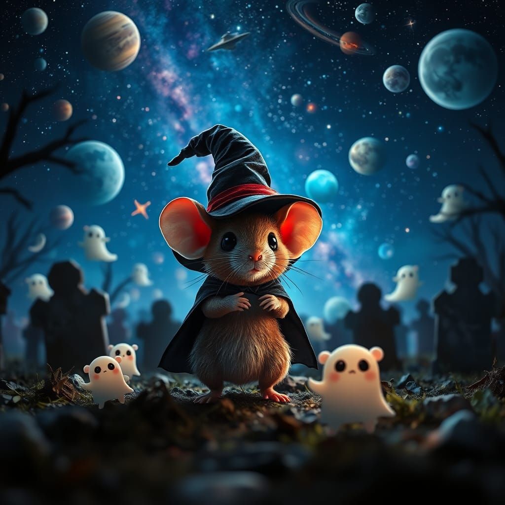 Chibi Mouse Witch in Graveyard, Hyperrealistic Photo