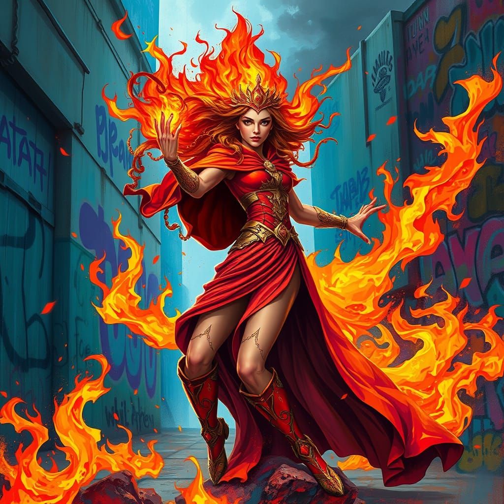 Vibrant Urban Fire Princess in Expressive Oil Gouache Style