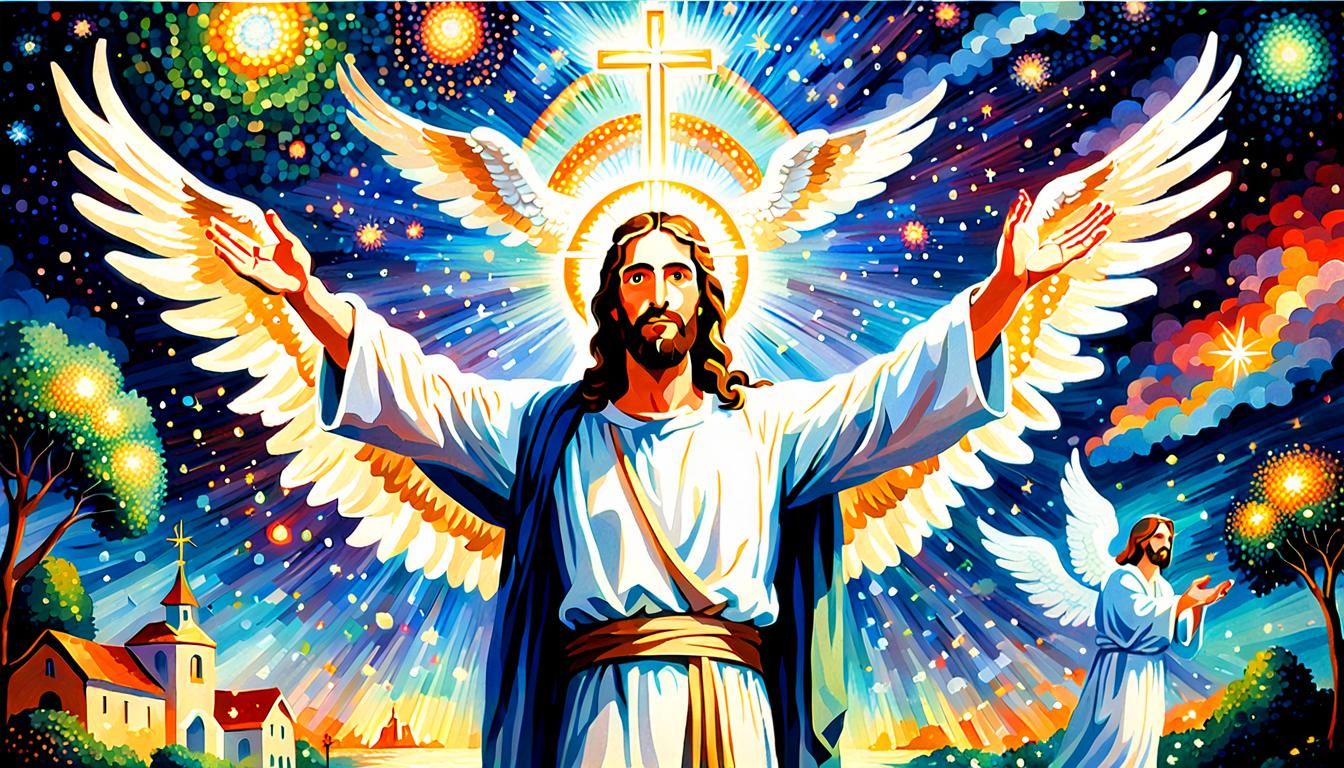 Radiant Jesus Christ and Angels in Pointillism Style