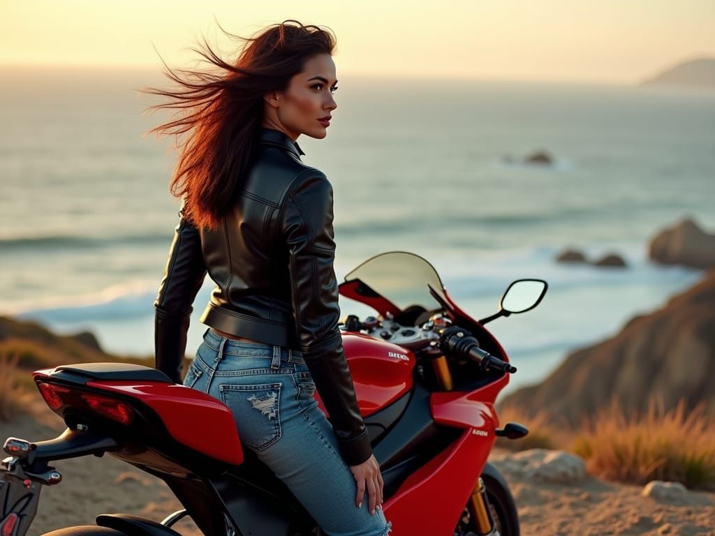 Woman with Ducati on California Coast at Sunset