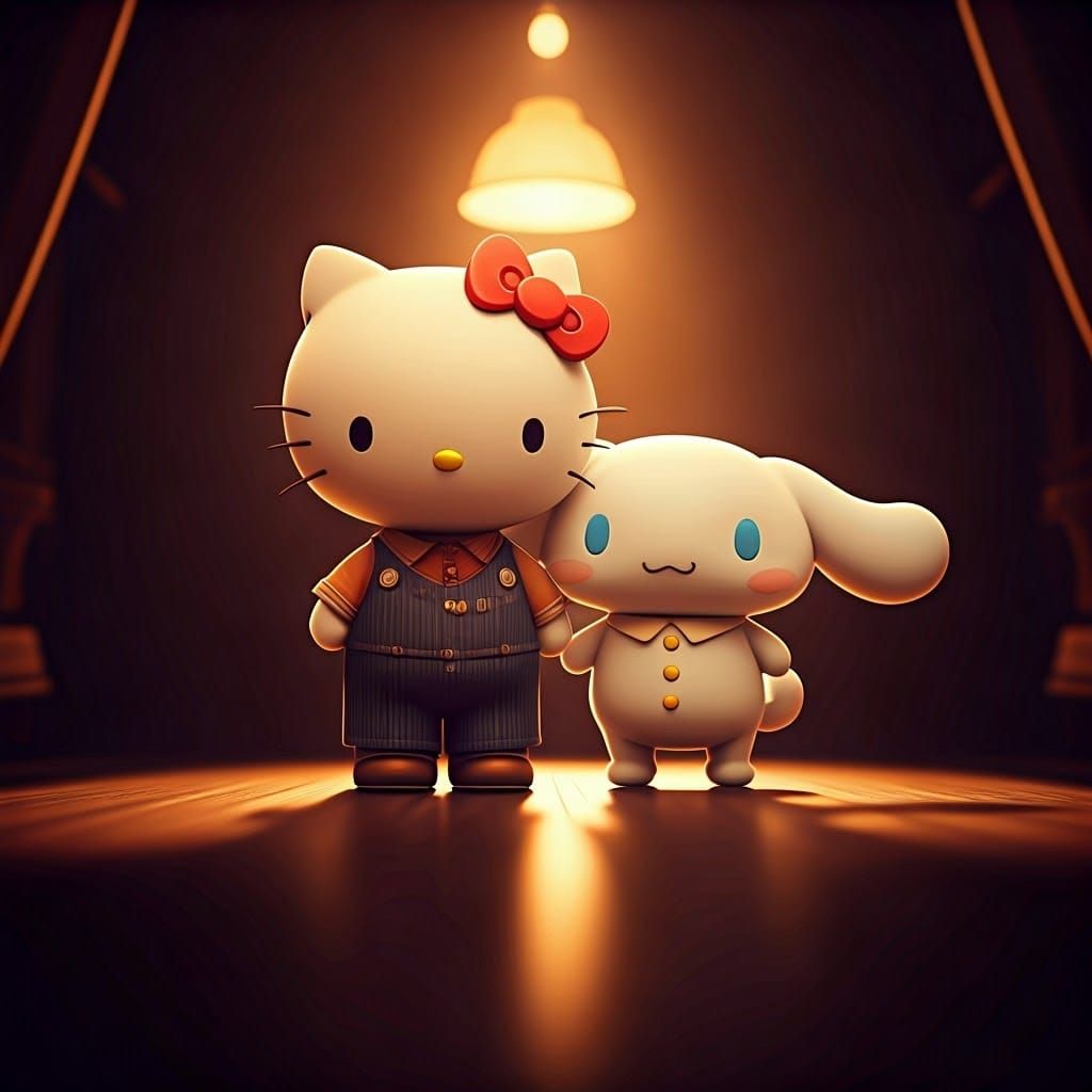 Hello Kitty and Cinnamoroll in a Timeless Anime Landscape