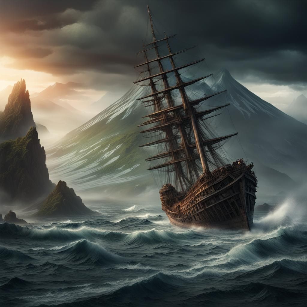 Shipwreck by Volcanic Mountain, Digital Matte Painting