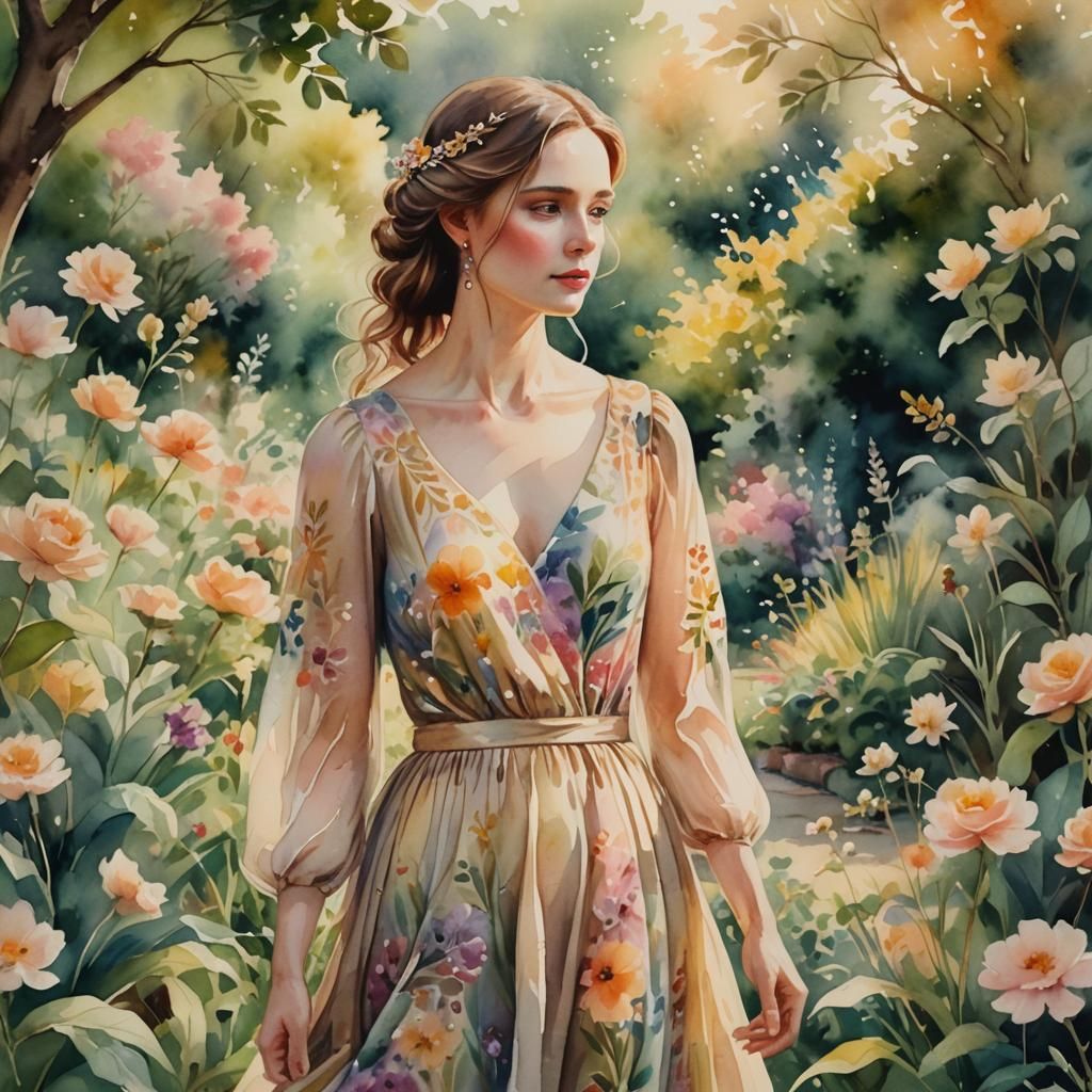 Woman in Garden: Watercolor Painting in Vintage Style