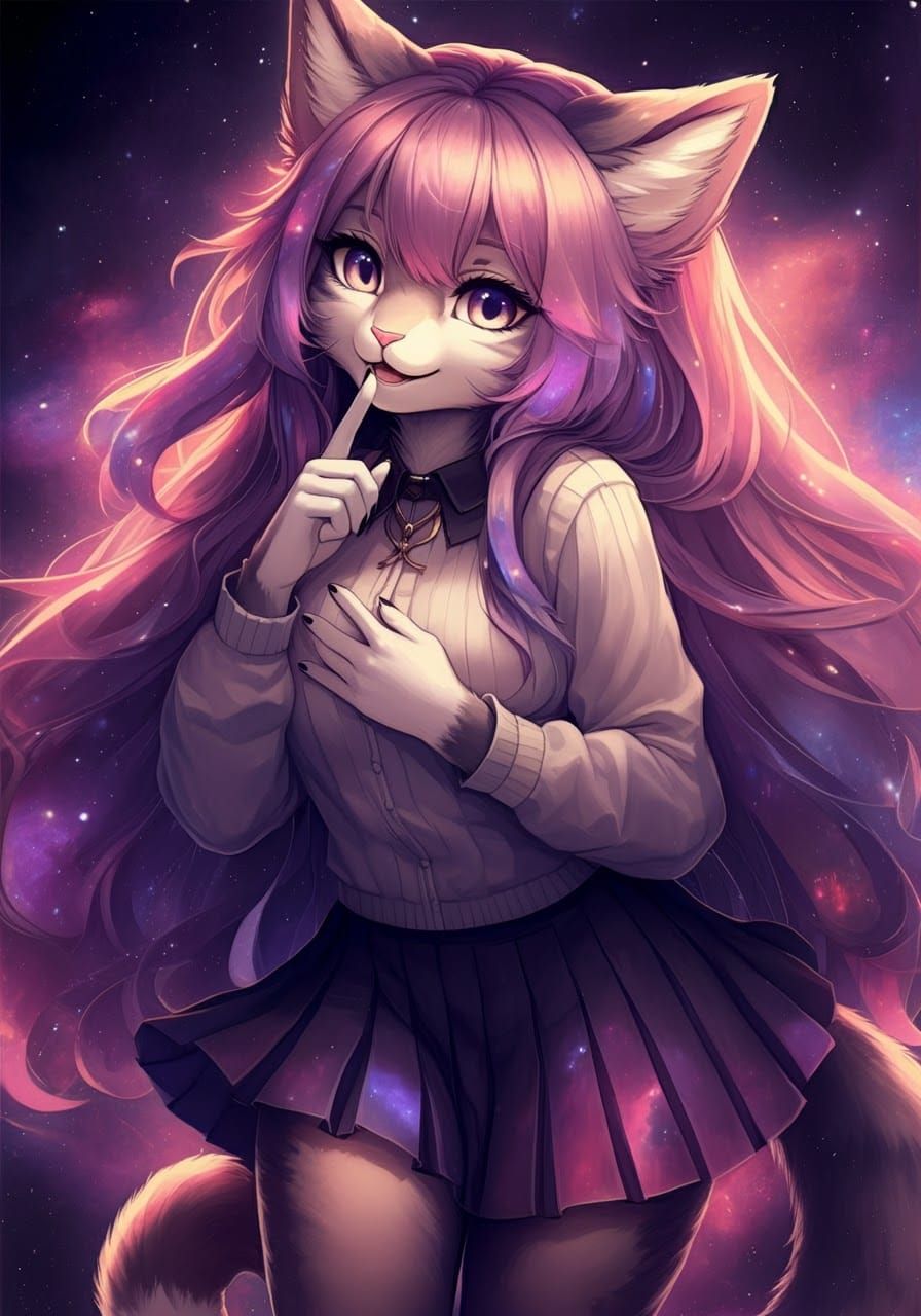 Anime Cat Girl with Cosmic Hair