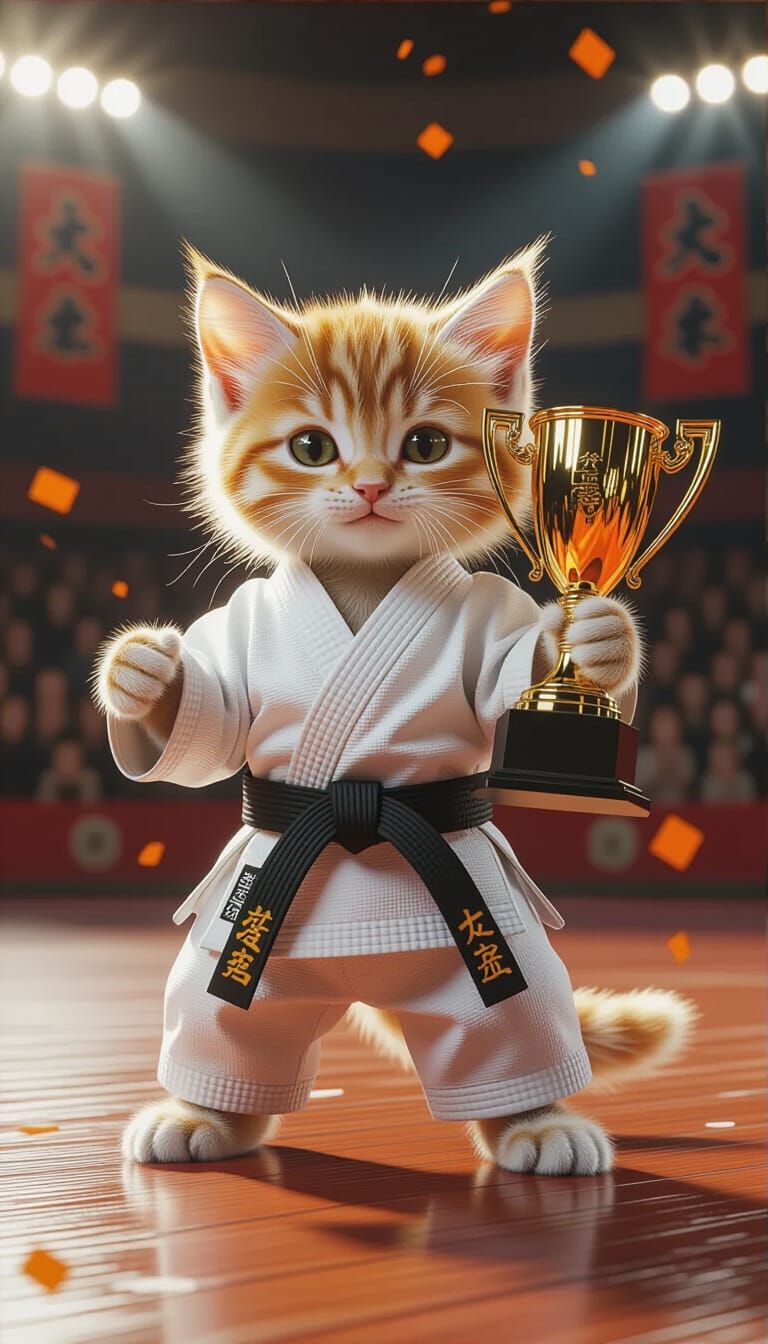Victorious Ginger Kitten Celebrates with Trophy