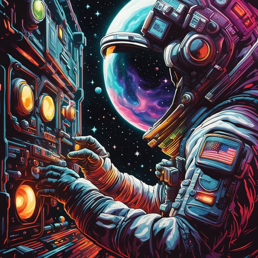 Astronaut Repairs Spaceship Interior in Neon Style