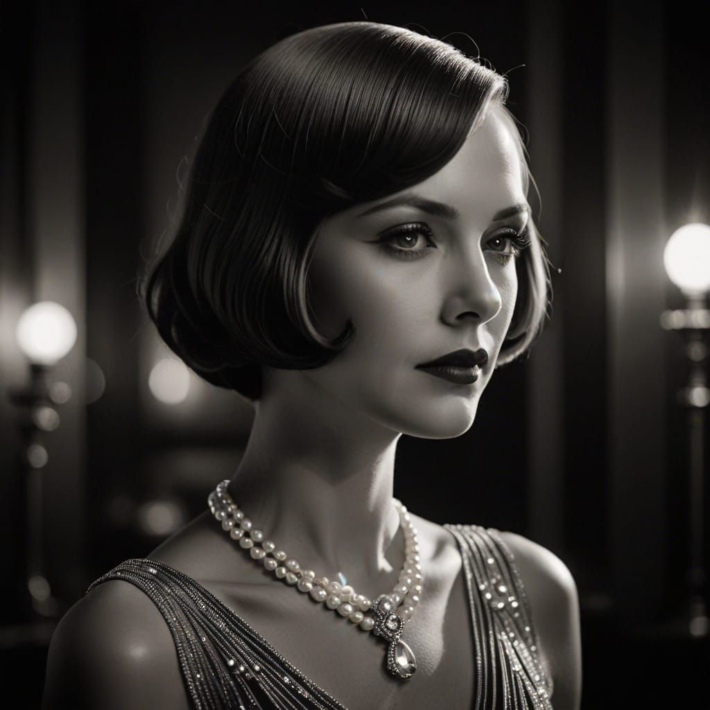 Elegant Art Deco Portrait of Woman with Pearls