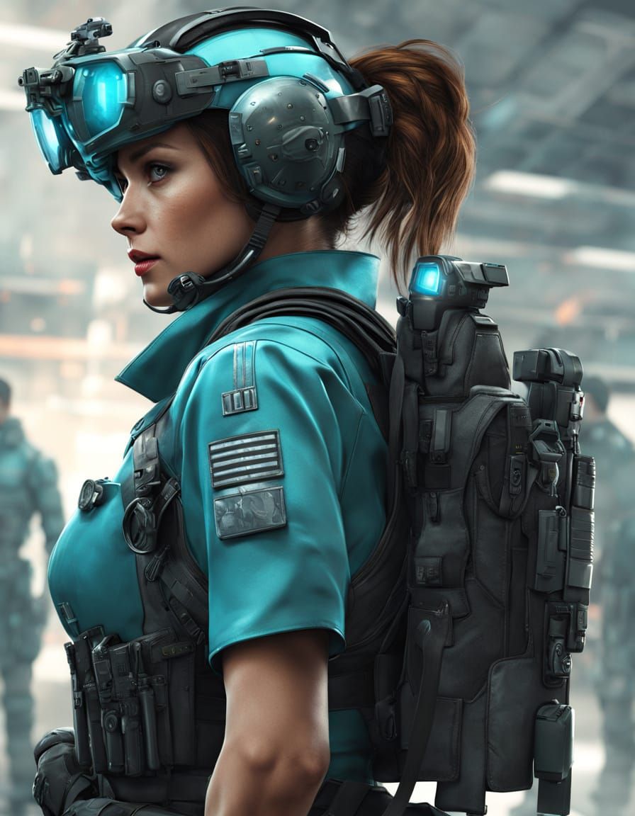 Confident Woman Commands Futuristic Turquoise Army