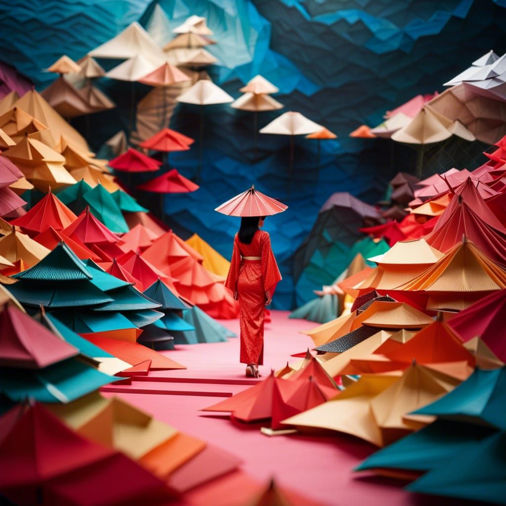Origami Girl in Japanese Paper Art Landscape