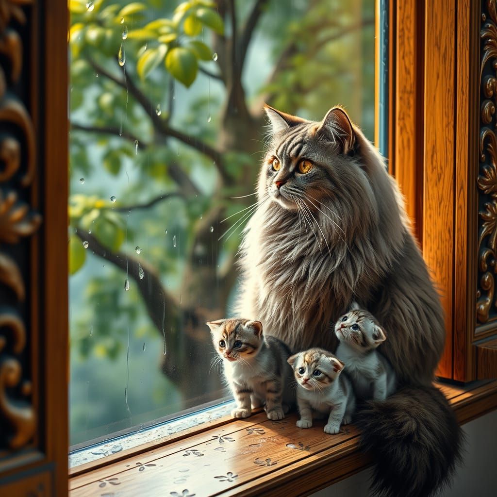 Regal Cat Contemplates Rainy Day in Cozy Window Scene