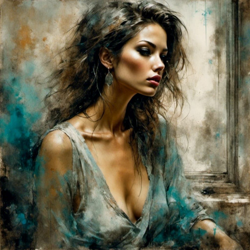 Detailed Portrait of Blonde Woman in Grunge Poster Style