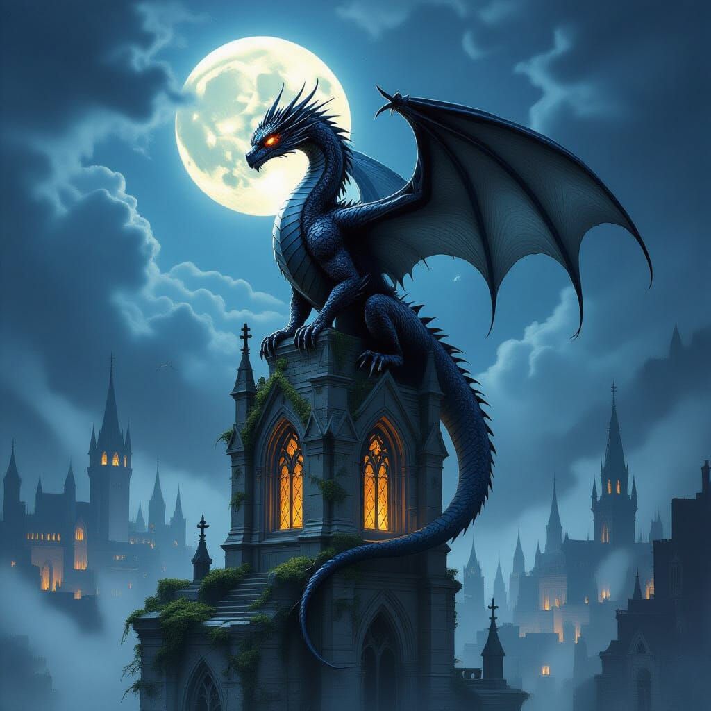 Obsidian Dragon on Gothic Cathedral Spire at Moonlight
