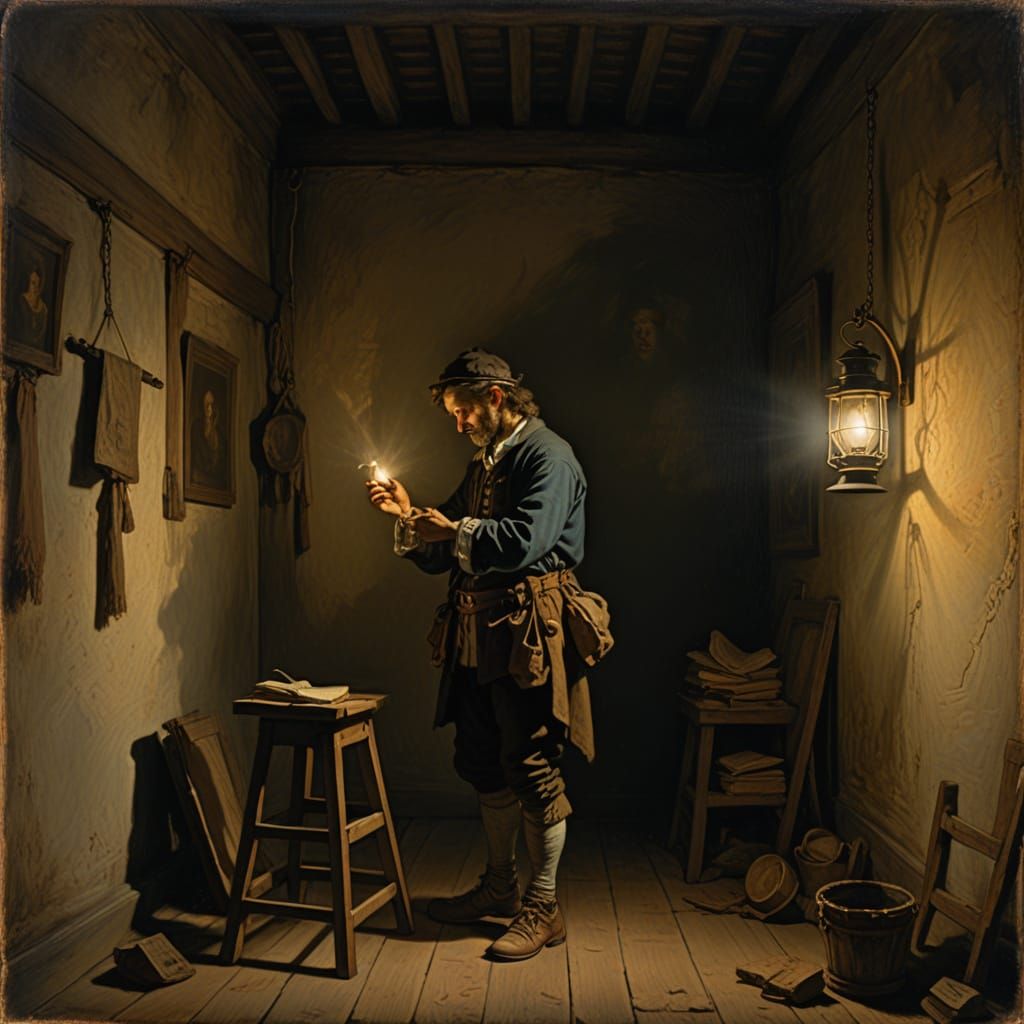 Lantern Light in Empty Room: Rembrandt Style