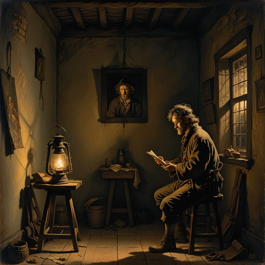 Lantern Light Illuminates Empty Room as Painting