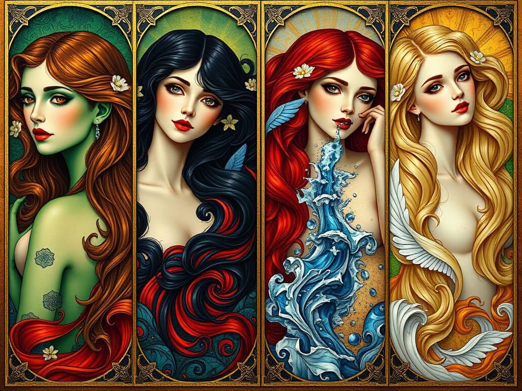 Stunning Art Nouveau Goddesses in Bold Contrasting Colors