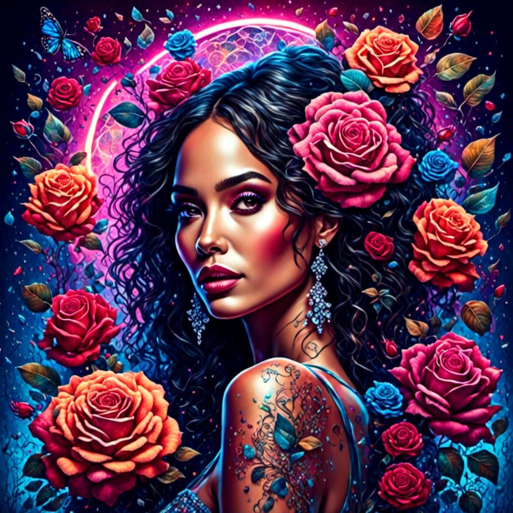 Latina Woman in Neon Nightclub, Ed Hardy Style