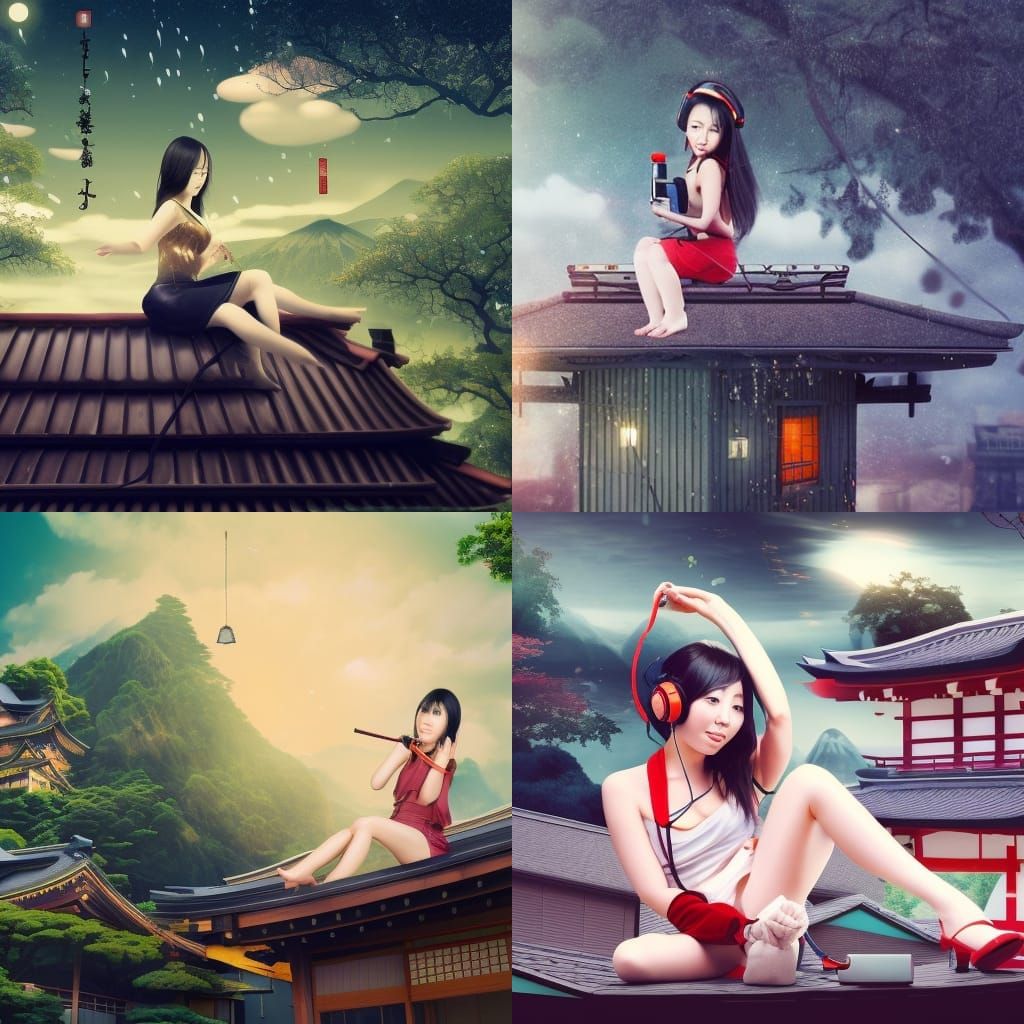 Giant Japanese Woman on Miniature House Roof