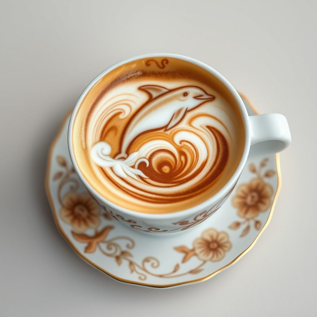 Latte Art Beach Scene with Playful Dolphin