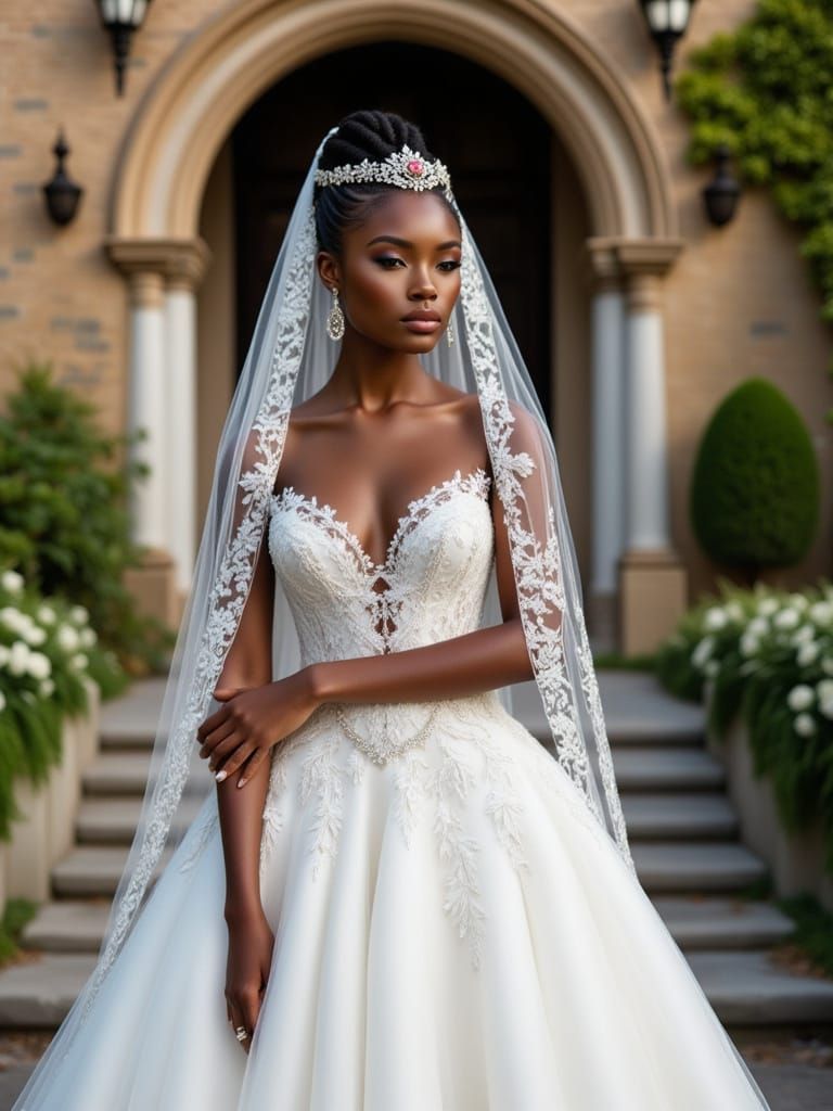 Stunning Black Bride in Elegant White Wedding Gown