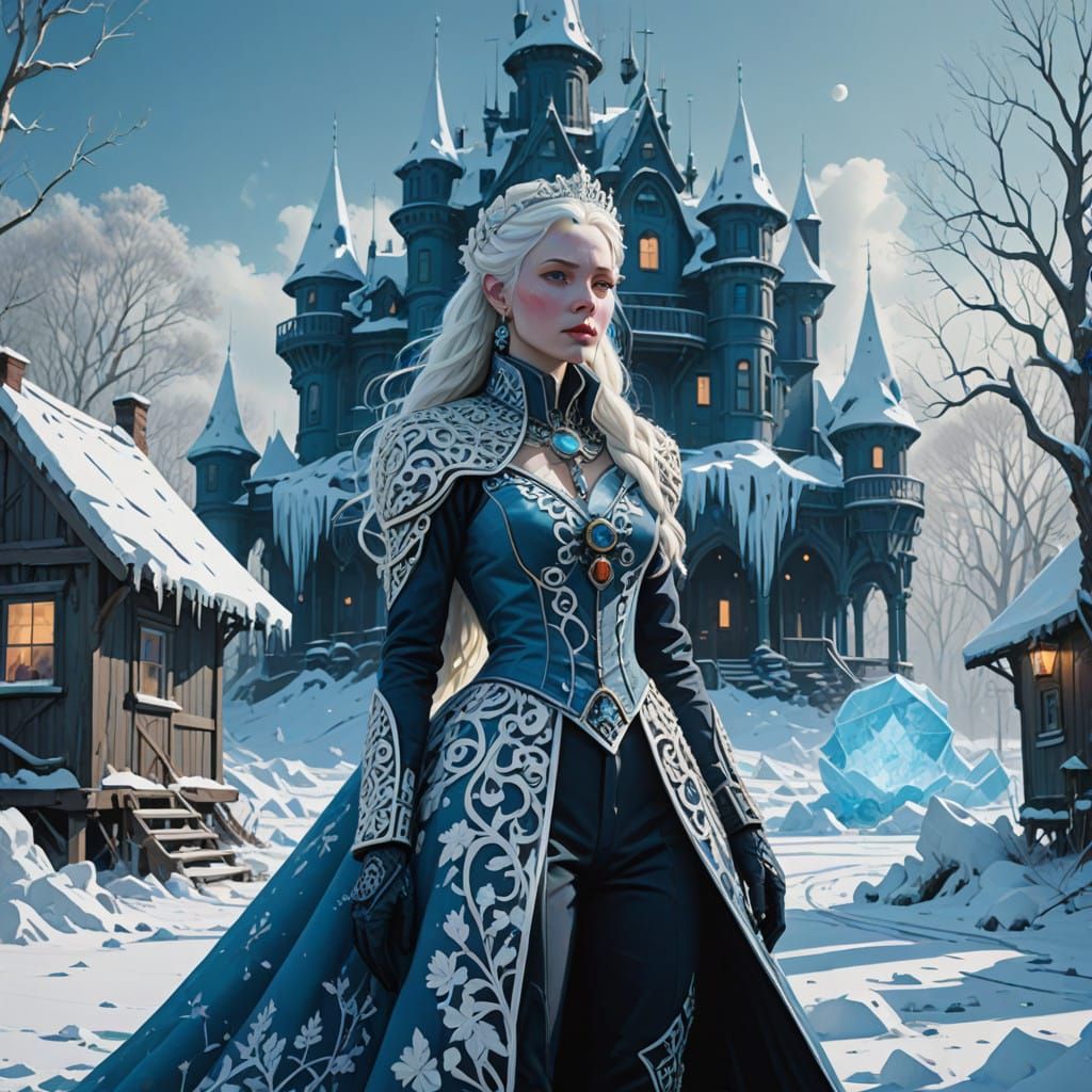 Ethereal Snow Queen in Winter Wonderland, Cyberpunk Chic