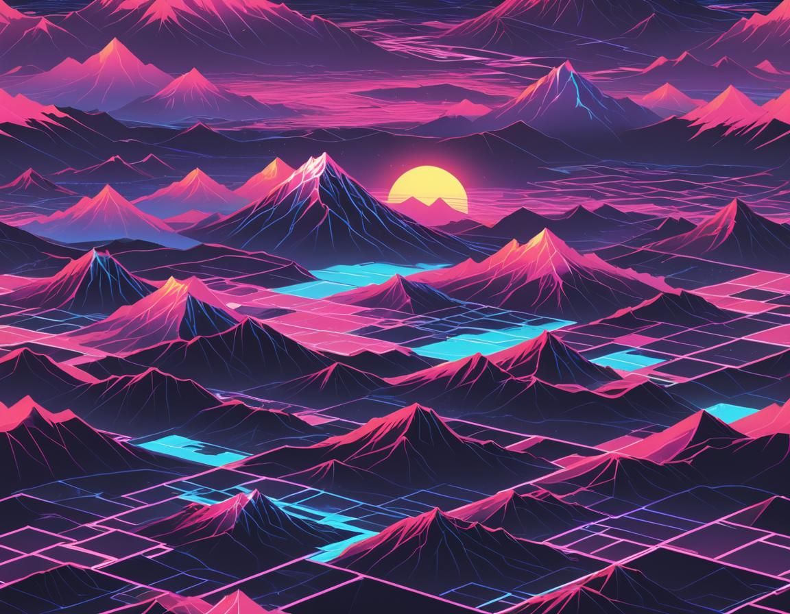 Anime Neonwave Landscape with Hologram Mountains