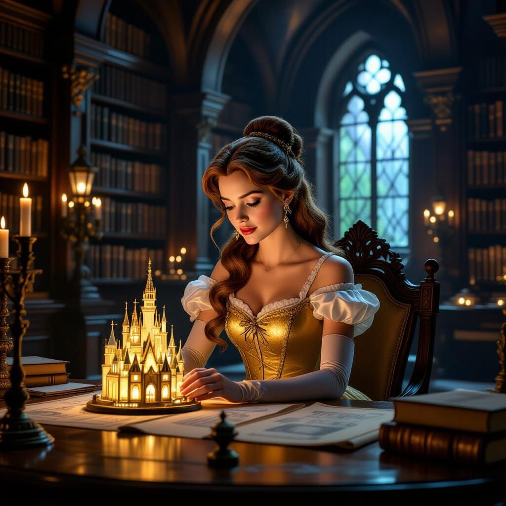 Belle in Victorian Gothic Library Constructing Castle Model