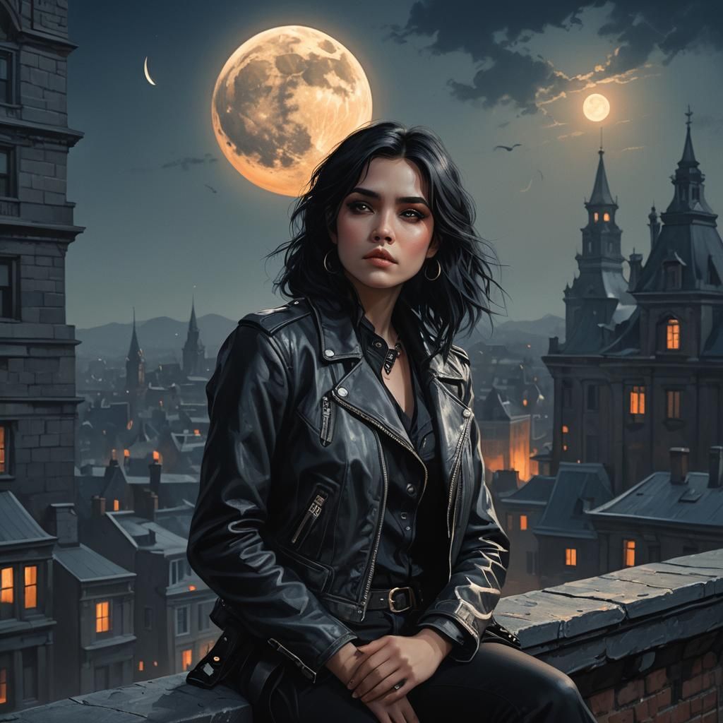 Eerily Beautiful Woman Gazing at Moon: Dark Fantasy Art