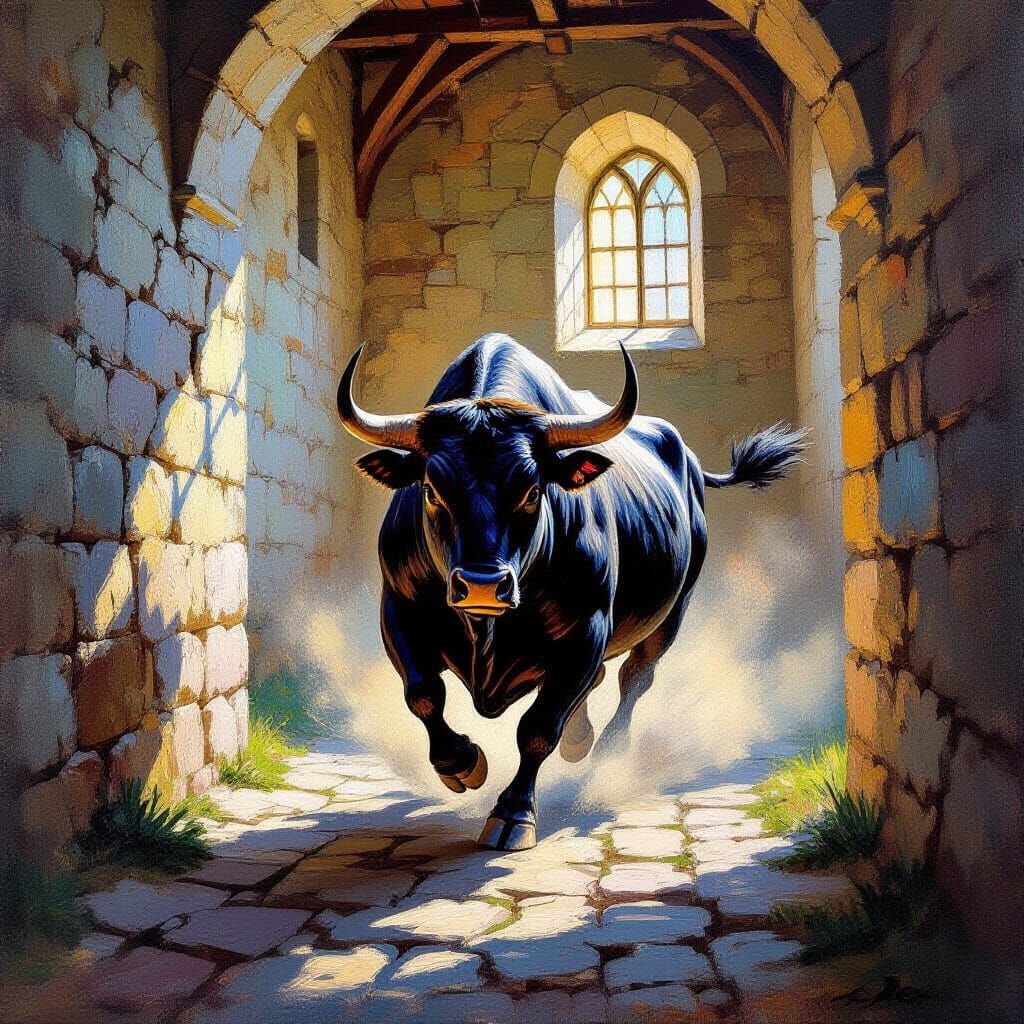 Impressionist Bull Charges Medieval Castle Corridor