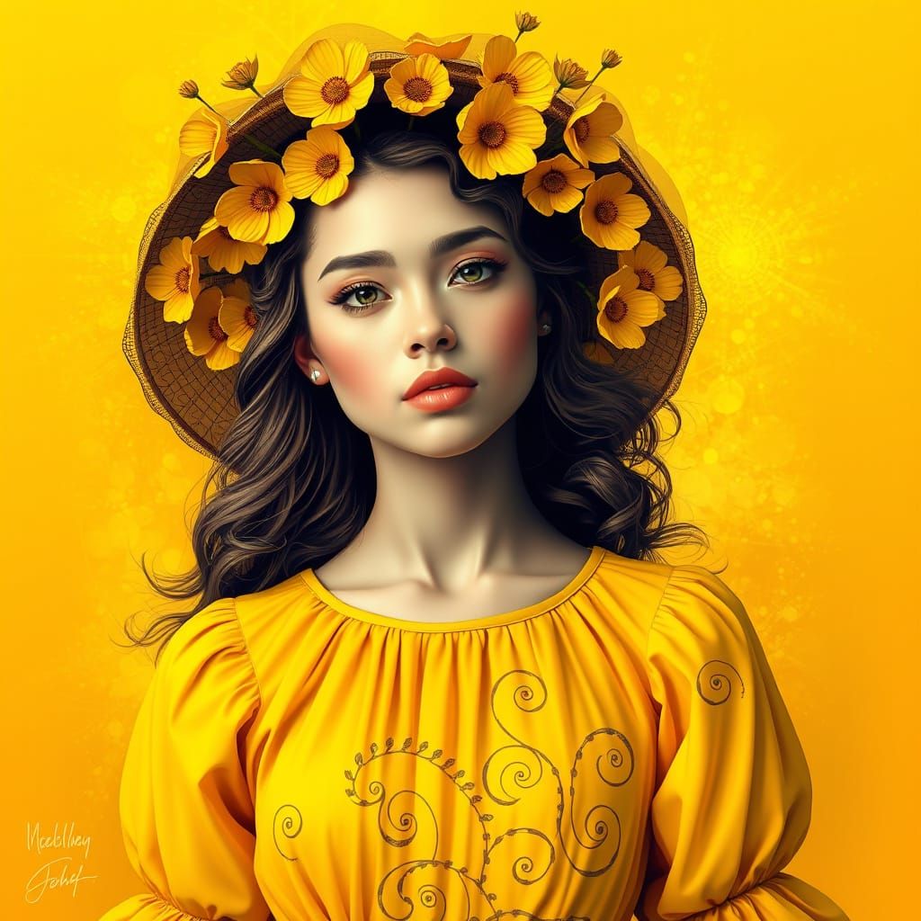 Woman in Yellow Dress with Flower Hat