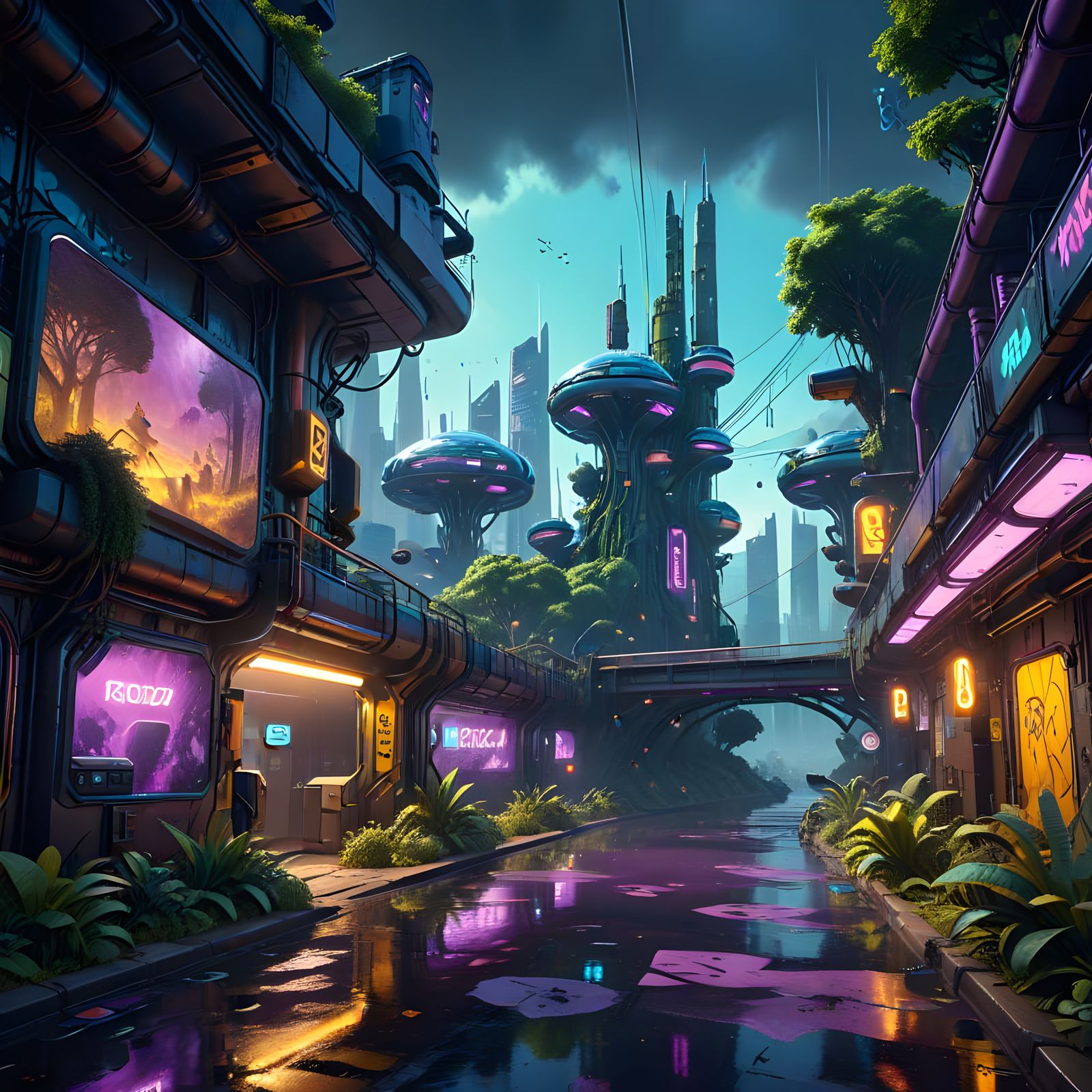 Cyberpunk Canopy City with Luminous Bridges and Thriving Par...
