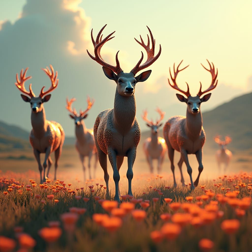 Metallic Deer Run Through Sci-Fi Flower Field